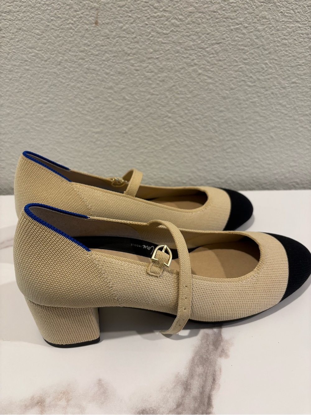 Rothy's Beige Mary Jane Pumps with Black Toe and Royal Blue Trim